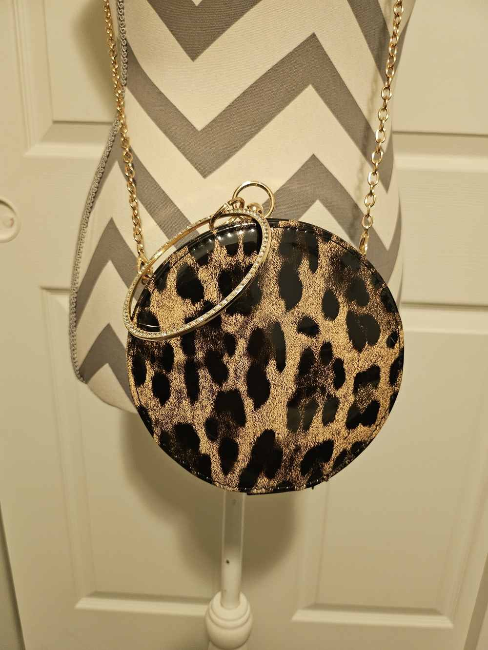 Leopard Print Round Crossbody Bag with Gold Chain